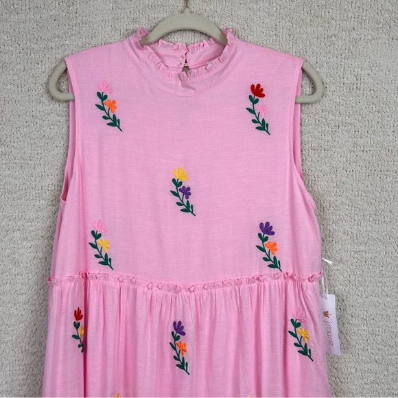 J.Marie Dress Womens M Pink Tiered Embordered Floral Lined Boho Linen Blend Midi - Picture 2 of 13